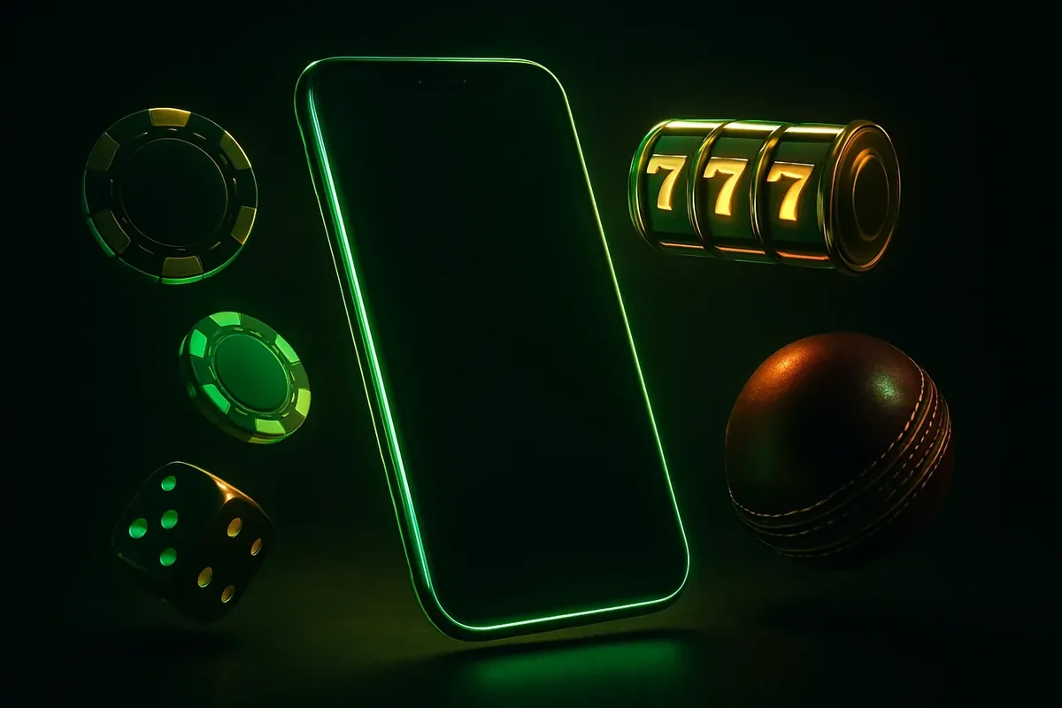 Glowing smartphone with casino chips, slot reels, dice, and cricket ball on dark luxurious background